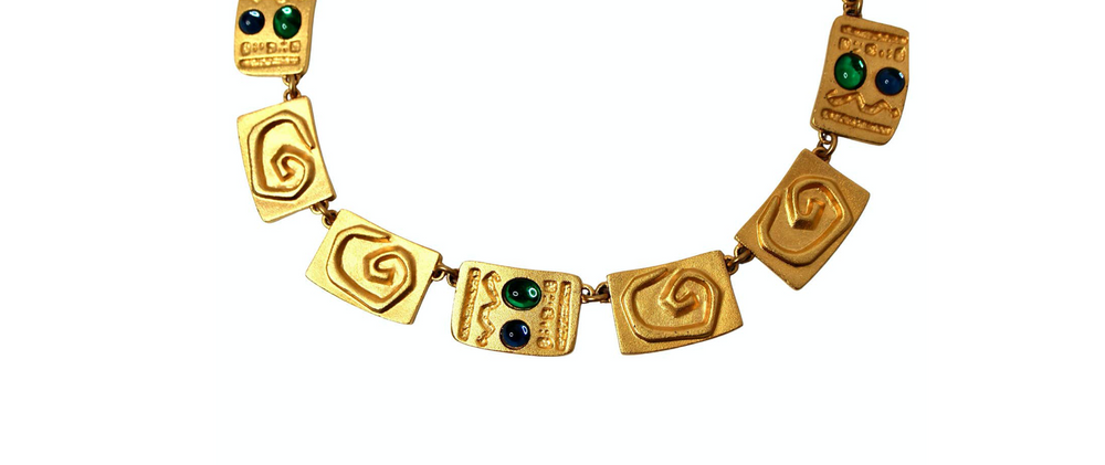 Carlos Falchi Hieroglyph Style Cabochon Gold-Tone Necklace