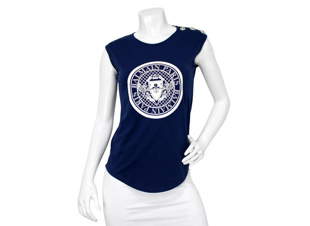 Balmain Paris Navy Blue Logo T-Shirt With Shoulder Medallions
