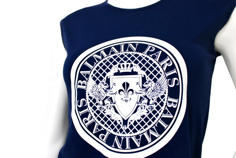 Balmain Paris Navy Blue Logo T-Shirt With Shoulder Medallions