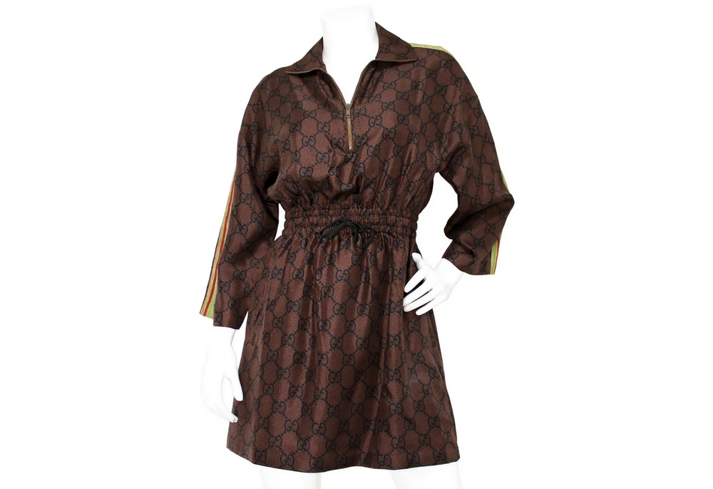 Gucci Brown GG Supreme Drawstring Waist Half-Zip Mini Dress