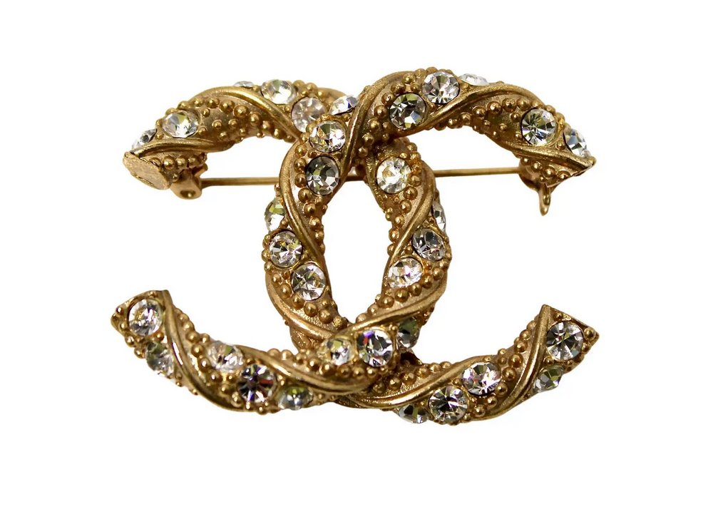 Chanel Gold-Tone Crystal Studded Interlocking CC Brooch circa 2009