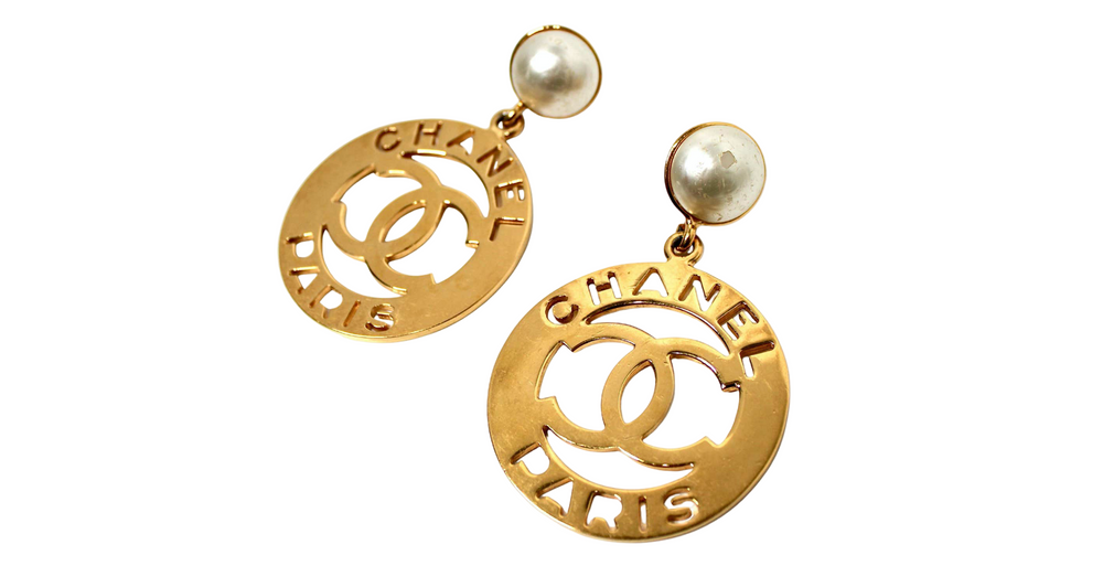 Chanel Costume Pearl Gold-Tone CC Cut-Out Clip-On Earrings