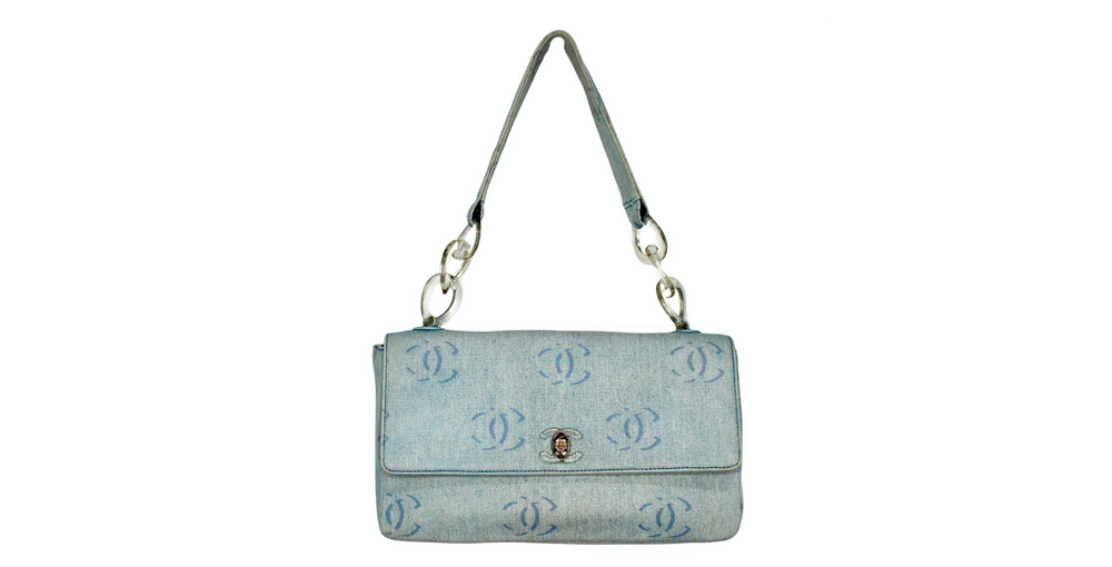 Chanel Light Wash Denim Interlocking CC Printed Flap Bag circa Y2K