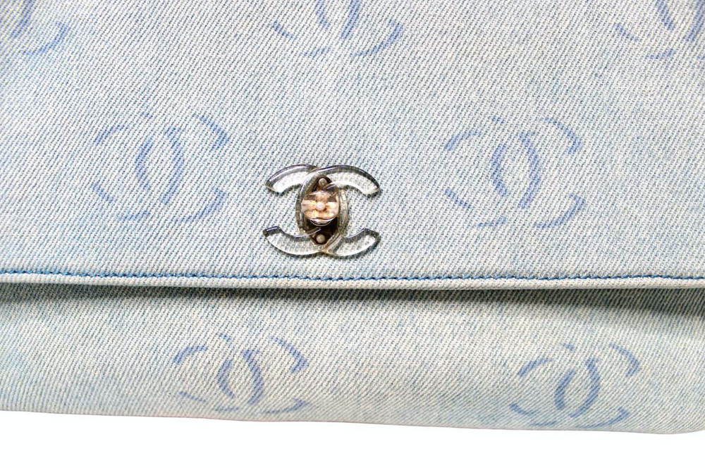 Chanel Light Wash Denim Interlocking CC Printed Flap Bag circa Y2K