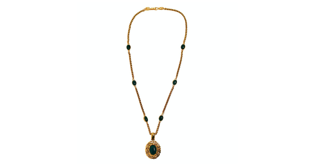 Chanel Green Cabochon Interlocking CC Pendant Necklace circa 1996