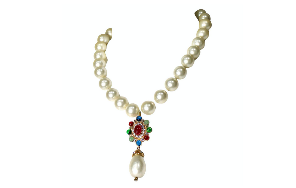 Chanel Crystal Gripoix Large Costume Pearl Pendant Necklace circa 1970s