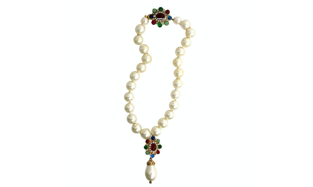 Chanel Crystal Gripoix Large Costume Pearl Pendant Necklace circa 1970s