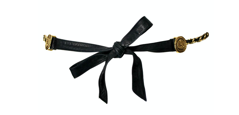 Chanel Black Leather & Gold-Tone Medallion Tie Waist Belt circa 1990s