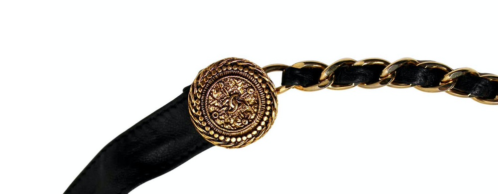 Chanel Black Leather & Gold-Tone Medallion Tie Waist Belt circa 1990s