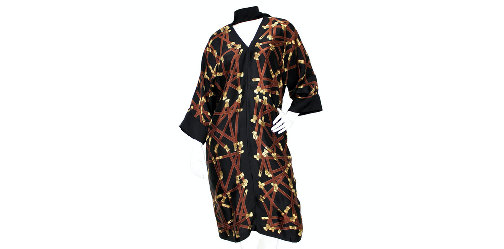 Hermes Black Silk Print Dress With Neck Tie circa 1990s