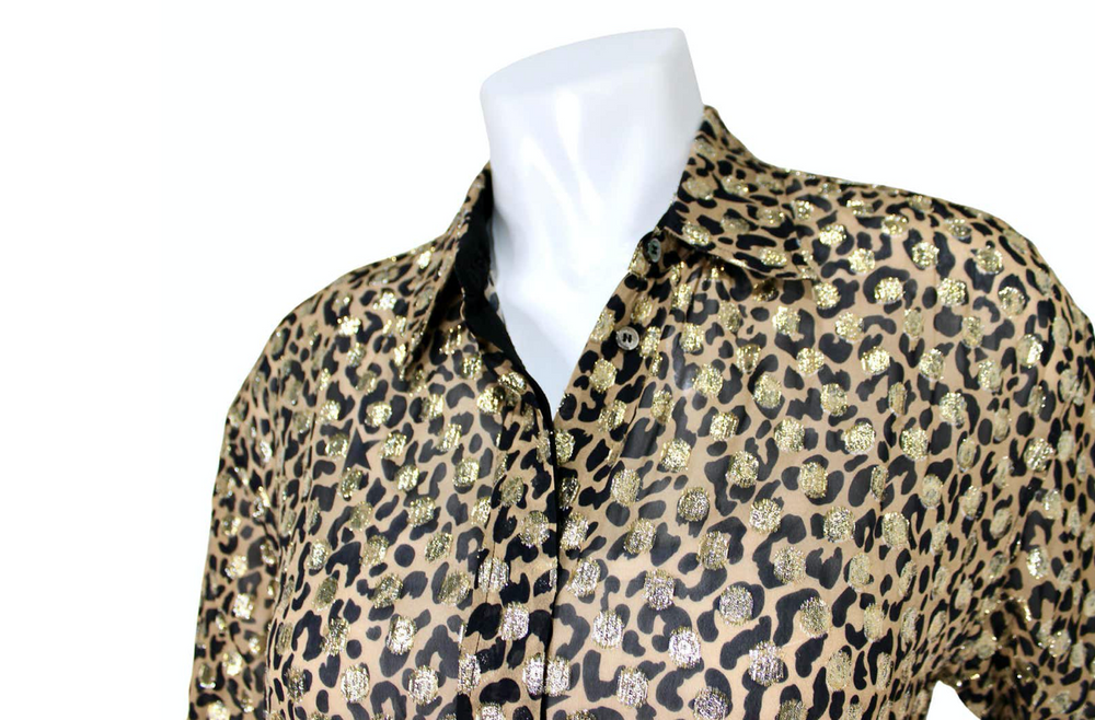 Golden Goose Leopard Print Lamé Long-Sleeve Button-Up Blouse
