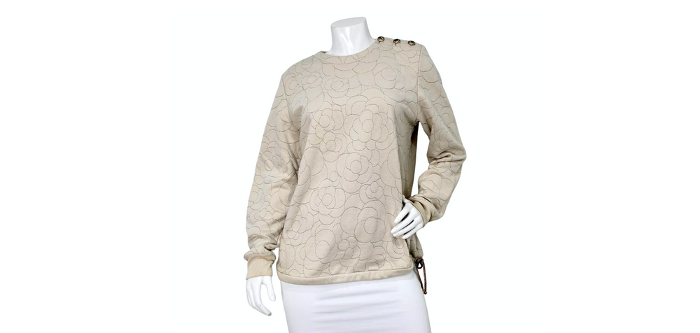 Chanel Camellia Stitched Beige Cotton Crewneck Sweatshirt circa 2018