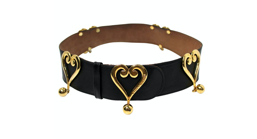 Moschino Redwall Black Leather Belt With Gold-Tone Heart Buckles circa 1980s