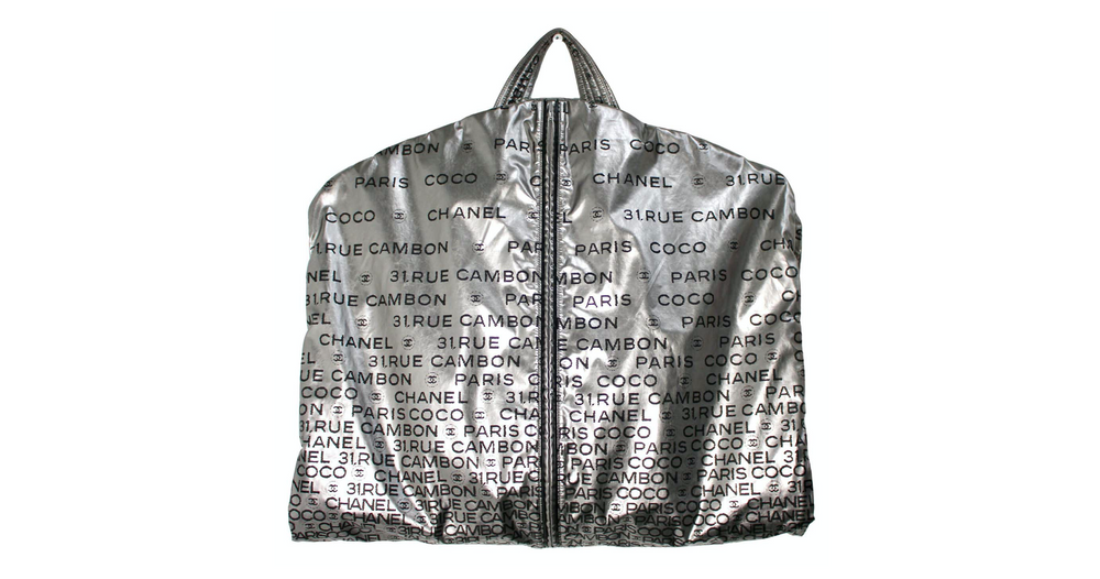 Chanel 31 Rue Cambon Paris Logo Silver Metallic Puffer Garment Bag