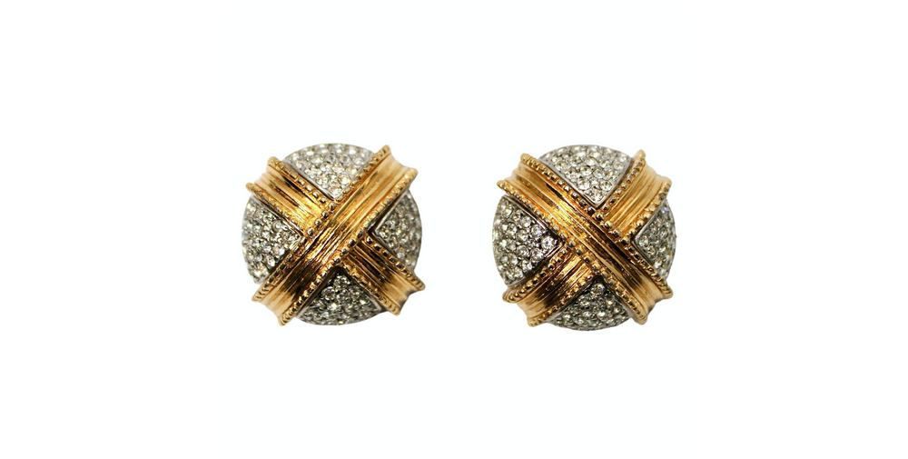 Tiffany Inspired 18k Gold Plated Crystal Cross Clip-On Earrings circa 1970s