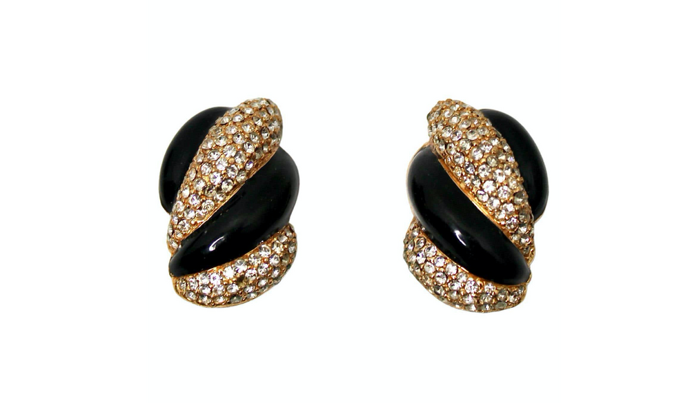 Bulgari Inspired Black Enamel 18k Gold Plated Clip-On Earrings circa 1970s