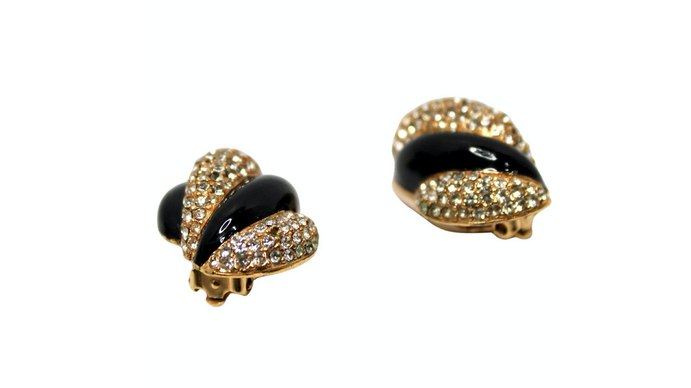 Bulgari Inspired Black Enamel 18k Gold Plated Clip-On Earrings circa 1970s