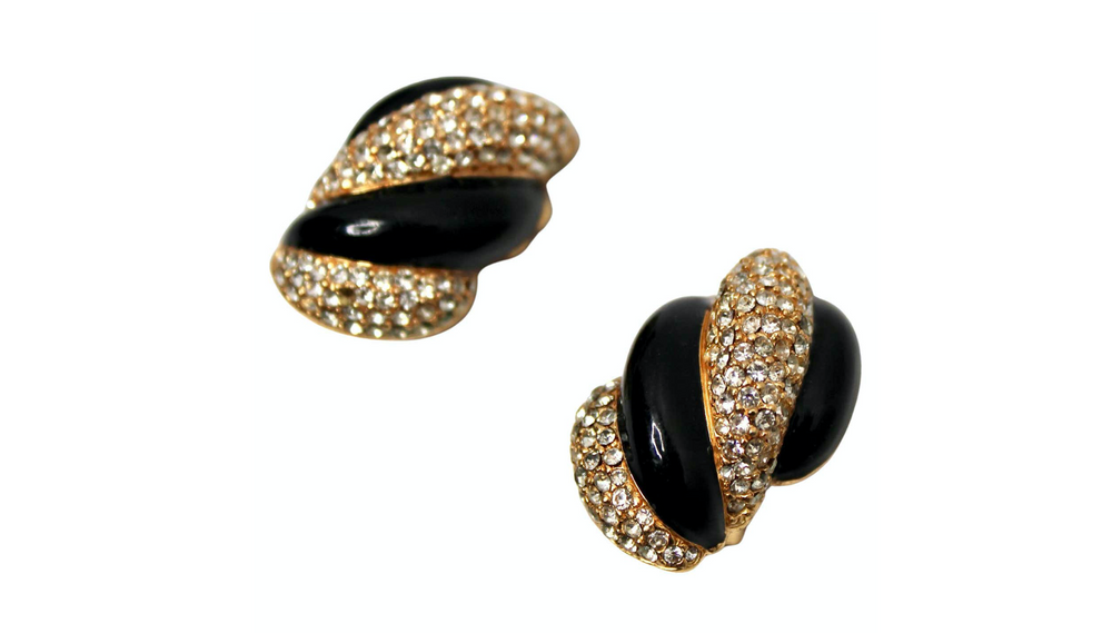 Bulgari Inspired Black Enamel 18k Gold Plated Clip-On Earrings circa 1970s
