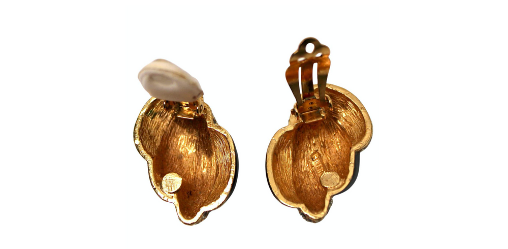 Bulgari Inspired Black Enamel 18k Gold Plated Clip-On Earrings circa 1970s