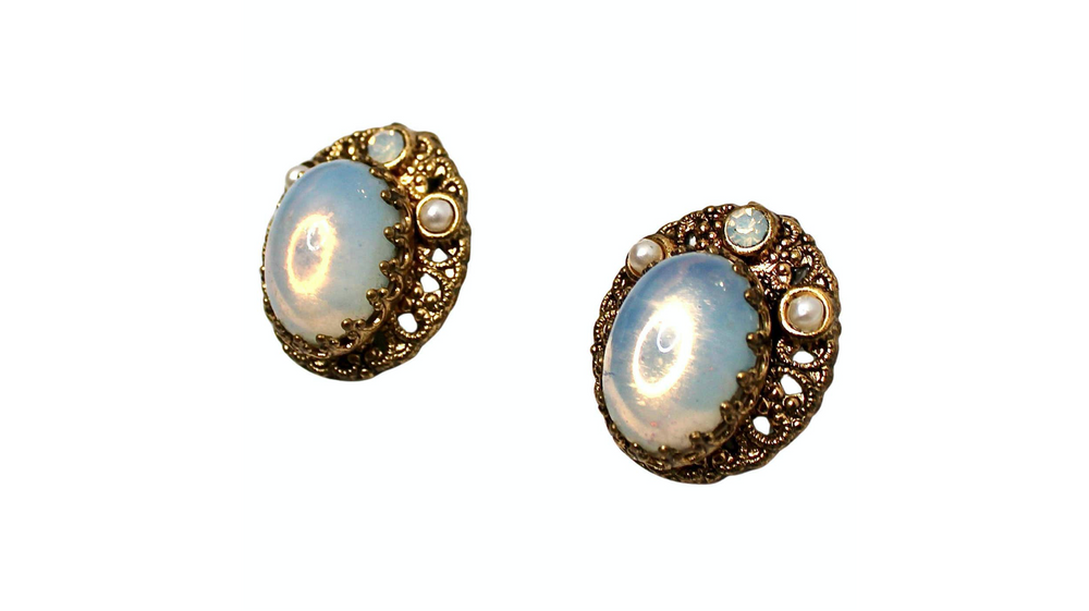 14k Gold Plated Filigree Costume Opal Clip-On Earrings circa 1970s