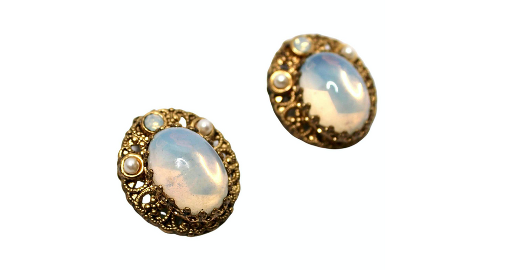 14k Gold Plated Filigree Costume Opal Clip-On Earrings circa 1970s