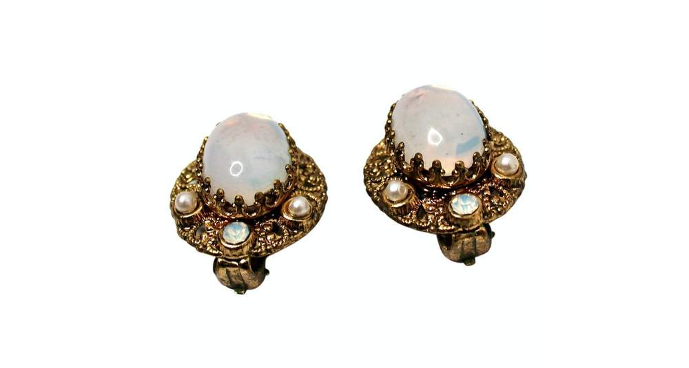 14k Gold Plated Filigree Costume Opal Clip-On Earrings circa 1970s