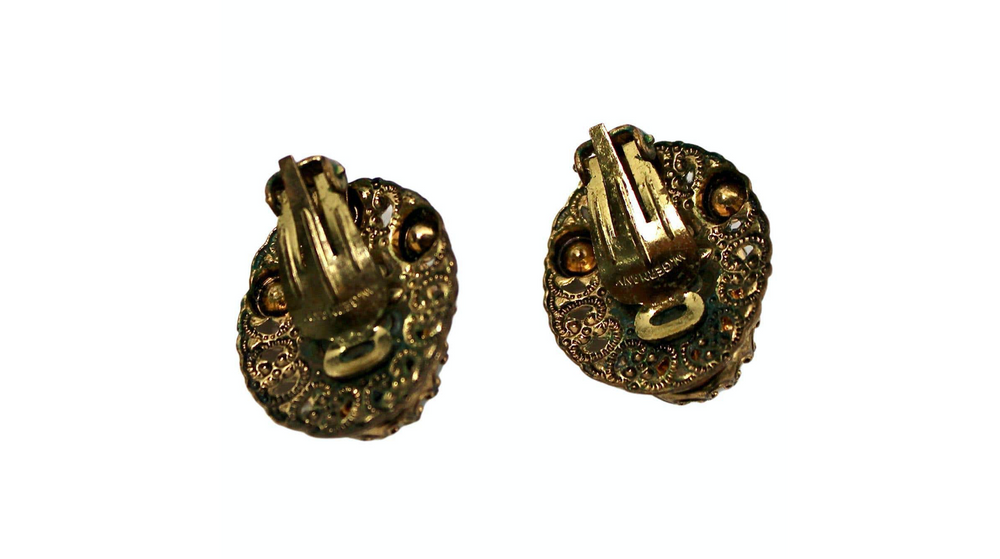 14k Gold Plated Filigree Costume Opal Clip-On Earrings circa 1970s
