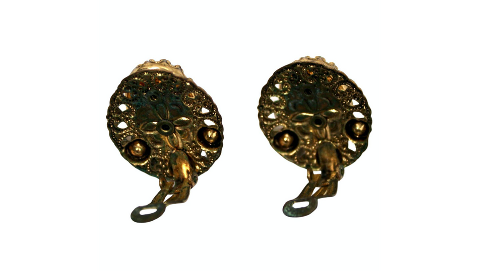 14k Gold Plated Filigree Costume Opal Clip-On Earrings circa 1970s