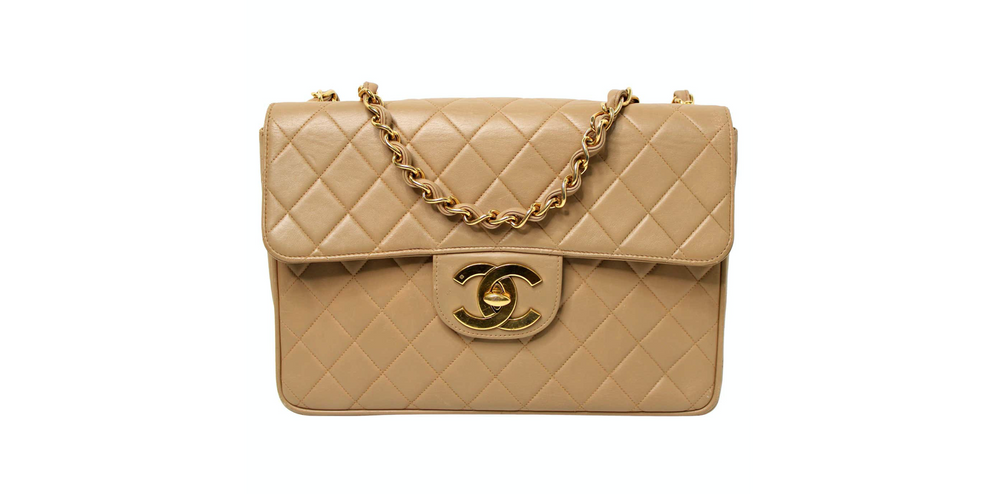 Chanel Large Beige Quilted Lambskin Single Flap Handbag circa 1994-96
