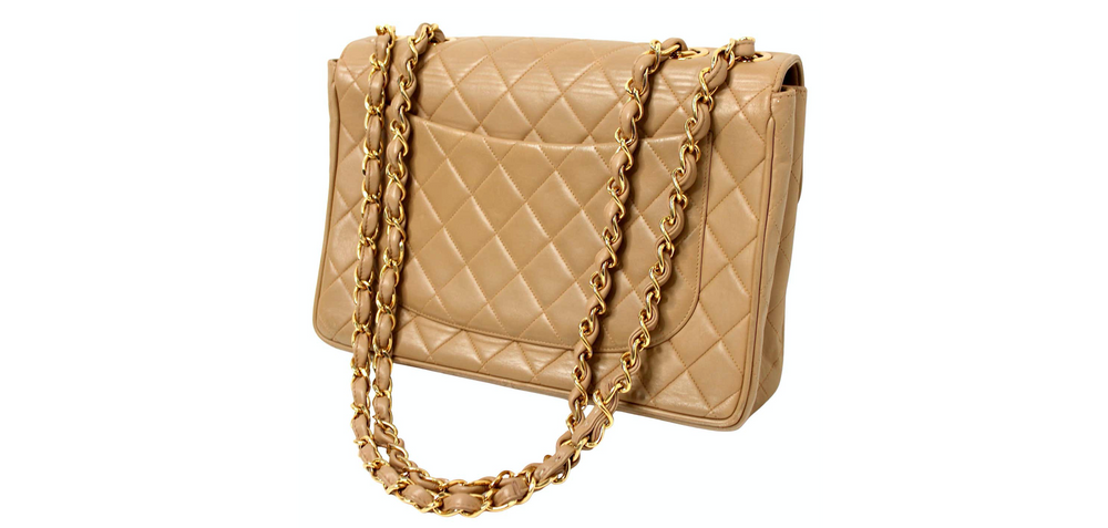 Chanel Large Beige Quilted Lambskin Single Flap Handbag circa 1994-96
