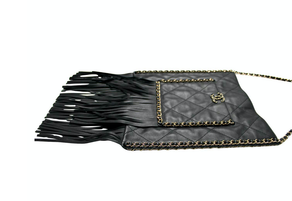 Chanel Black Quilted Calfskin Fringe Flat Tote Bag