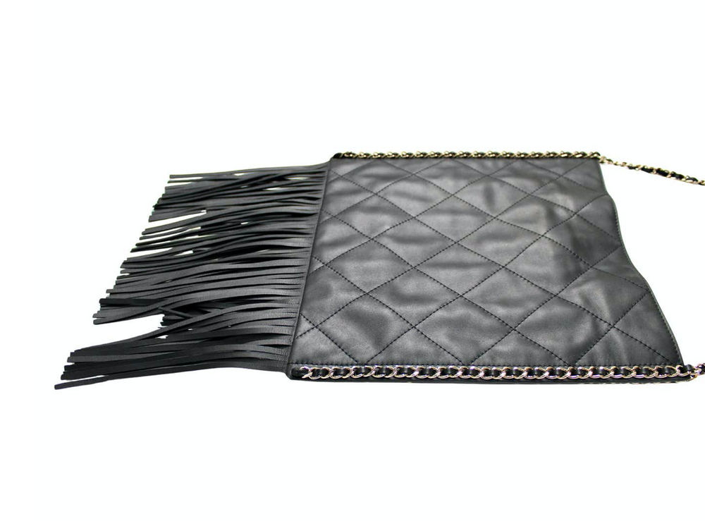Chanel Black Quilted Calfskin Fringe Flat Tote Bag