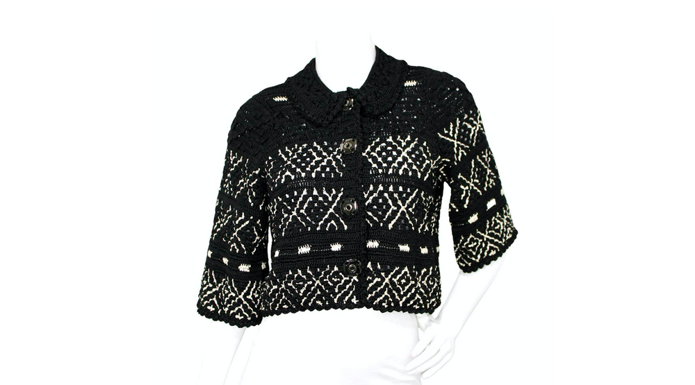 Oscar De La Renta Black & White Crochet Cropped Half-Sleeve Jacket