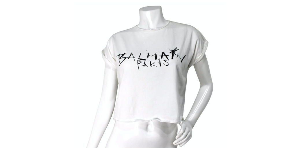 Balmain White & Black Graffiti Style Cotton Cropped T-Shirt