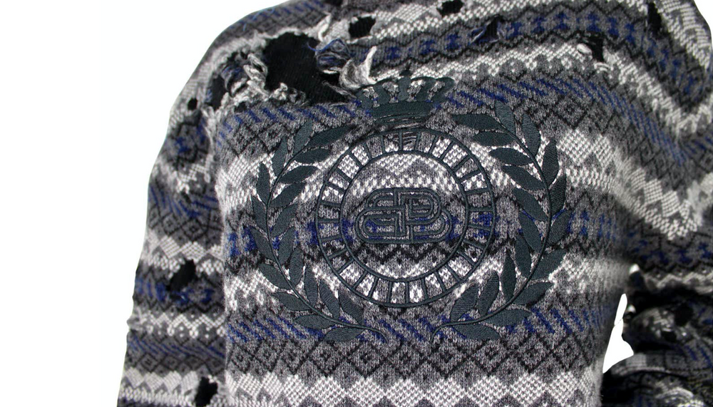 Balenciaga Grey Destroyed Fair Isle Virgin Wool Blend Sweater