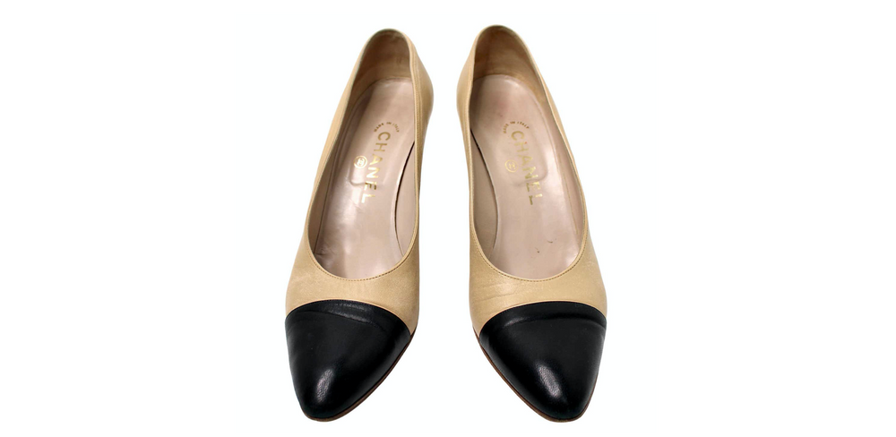Chanel Beige & Black Cap Toe Leather Pumps