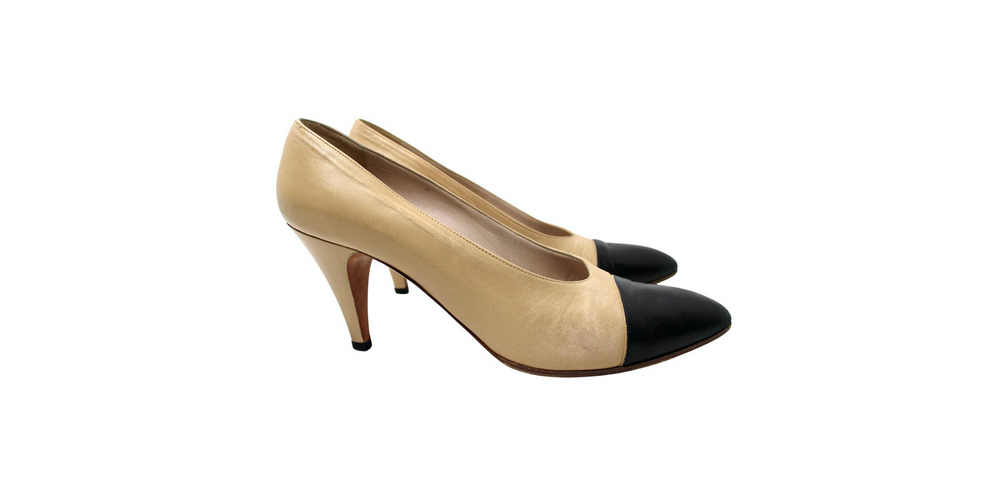 Chanel Beige & Black Cap Toe Leather Pumps
