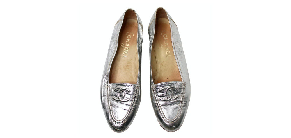 Chanel Silver Metallic Leather Interlocking CC Logo Loafers circa 1990s