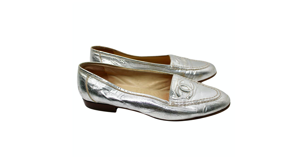Chanel Silver Metallic Leather Interlocking CC Logo Loafers circa 1990s