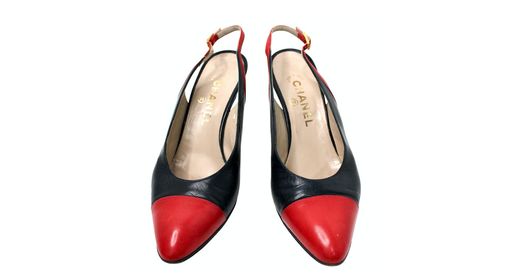 Chanel Navy Black & Red Cap Toe Leather Slingback Pumps