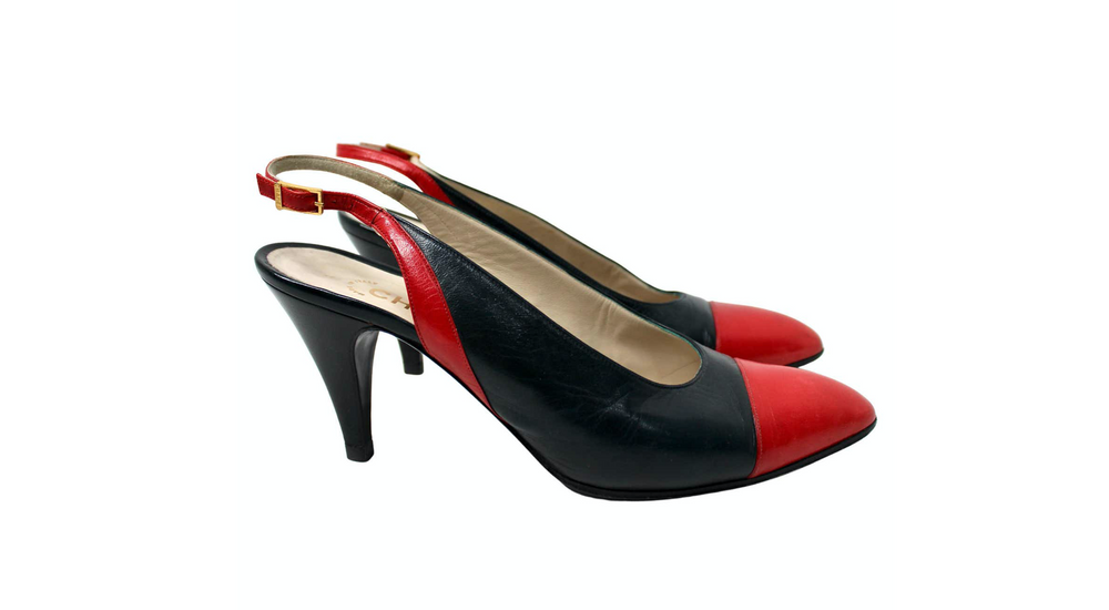 Chanel Navy Black & Red Cap Toe Leather Slingback Pumps