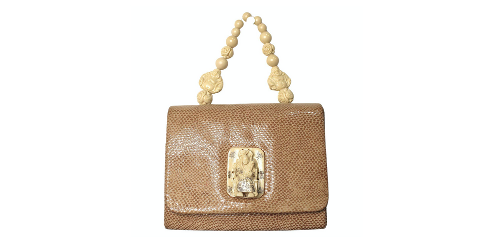 Tan Lizard Embossed Suede & Bone Bead Style Handbag circa 1960s