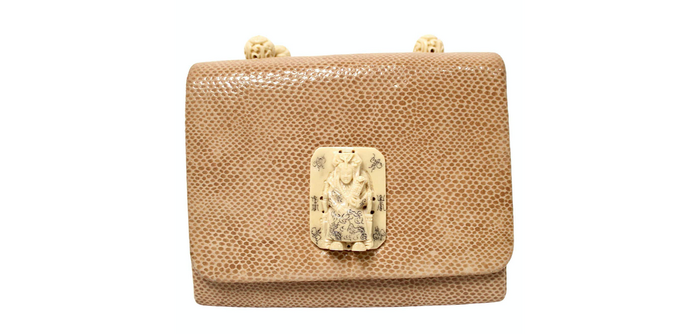 Tan Lizard Embossed Suede & Bone Bead Style Handbag circa 1960s