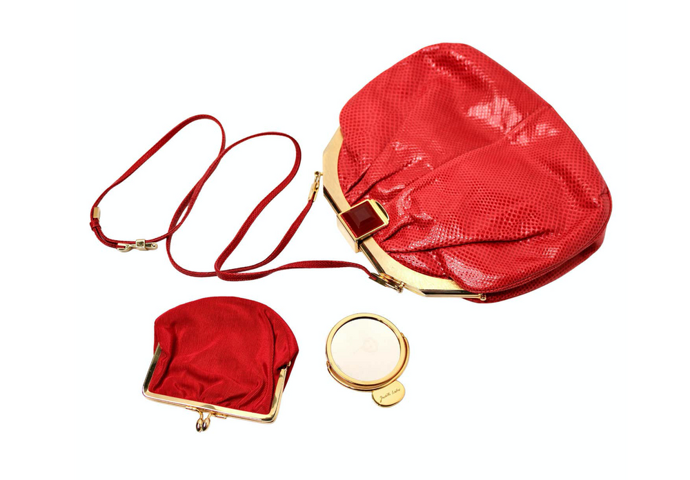 Judith Leiber Red Lizard Clutch With Strap circa 1980s