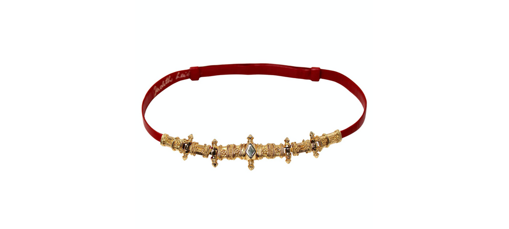 Judith Leiber Red Leather Gold-Tone Embellished Waist Belt circa 1990s