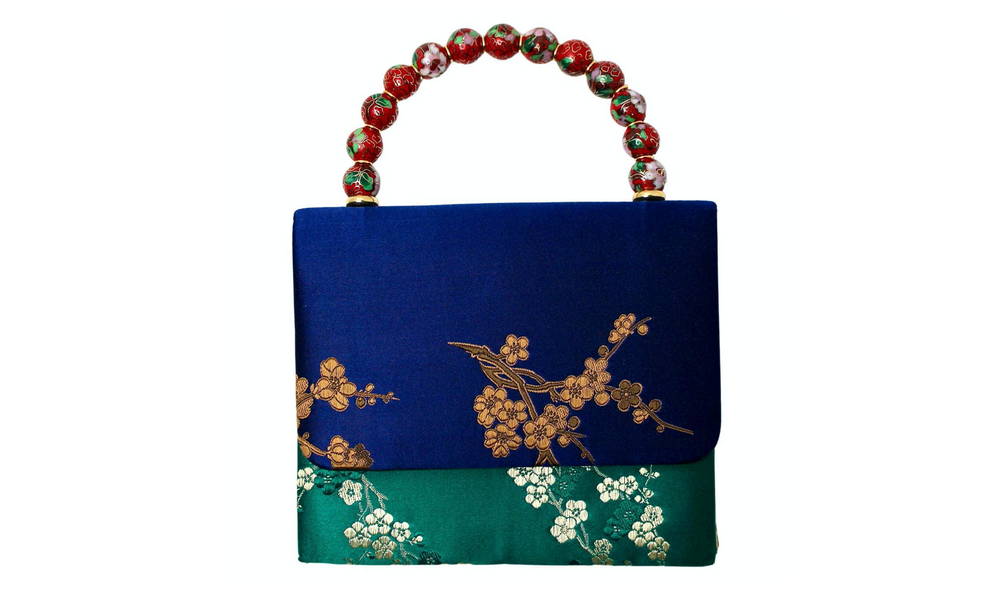 Blue & Green Blossom Silk Handbag With Cloisonné Beaded Handle circa 1960s