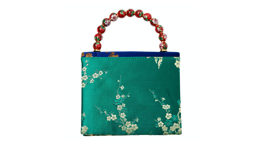 Blue & Green Blossom Silk Handbag With Cloisonné Beaded Handle circa 1960s