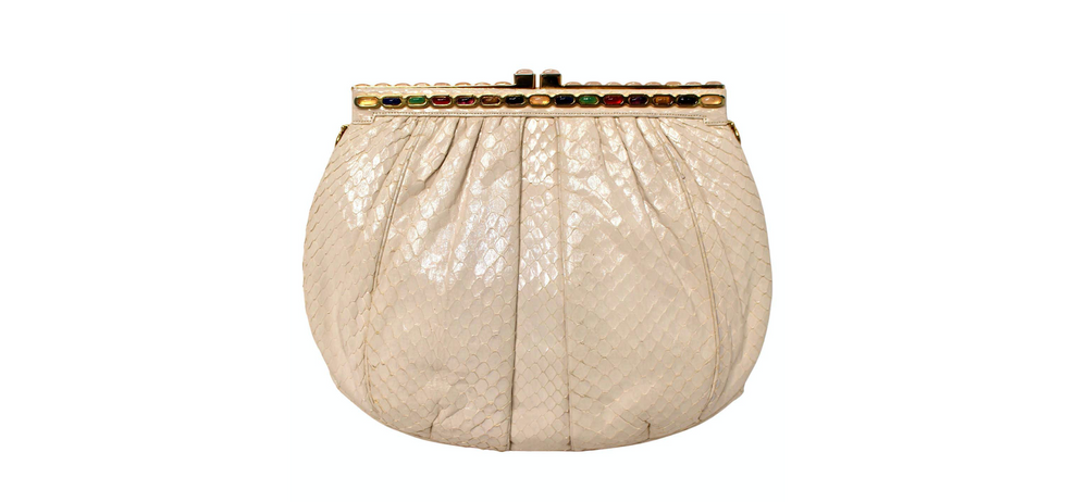 Judith Leiber Ivory Snakeskin Clutch With Strap circa 1980s