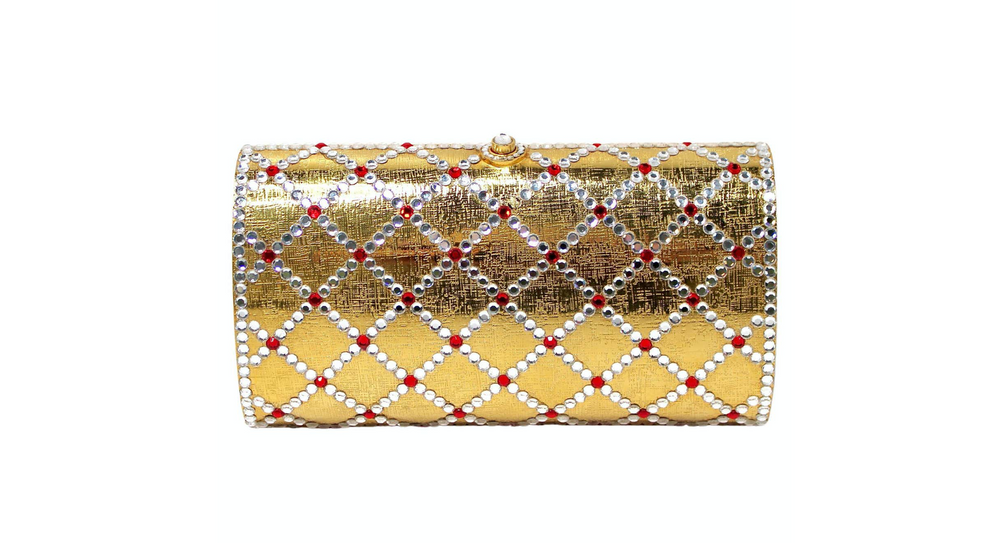 Gold-Tone Rhinestone Embellished Metal Clutch With chain circa 1960s