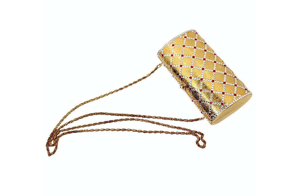 Gold-Tone Rhinestone Embellished Metal Clutch With chain circa 1960s